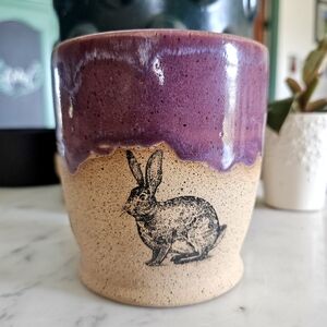 Purple and Tan Ceramic Planter with Rabbit Design